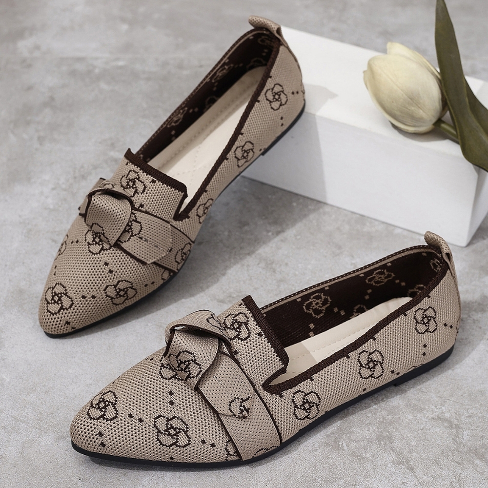 Pointed Bow Top Knit Contrasting Print Ballet Flat Casual Loafer Slip-on Shoes